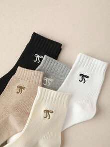5 đôi tất ngắn cổ chân bằng cotton thoáng khí dành cho nữ, có thêu nơ dễ thương, thích hợp mặc hàng ngày. - Nhiều màu - Xem 3