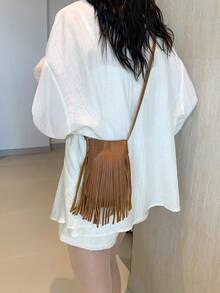 Bolso de hombro tipo cubo de gran capacidad, minimalista y de moda casual con flecos - Marrón - Ver 4