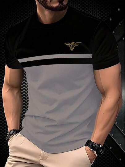 男士休闲条纹印花T恤 - 100% 涤纶，3D 印花短袖圆领，略带弹性，可机洗 - 夏季外出理想之选