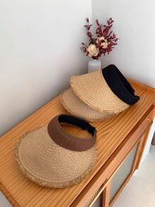 1pc Breathable Sunscreen Straw Hat, Transparent Sunshade Beach Vacation Hat, Wide Brim Summer Straw Hat For Women - View 5