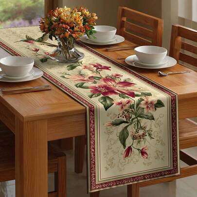 1PC Hummingbird And Floral Pattern Table Runner With Elegant Red Pink Flowers Green Leaves Design Vintage Style Long Table Cloth For Dining Room Kitchen Party Decoration Rectangular Table Cover With Classic Border