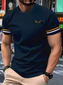 男士海军蓝翅膀3D印花T恤 | 条纹袖口休闲短袖衬衫 - 彩色 - 查看 2