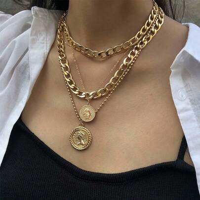 1PC Cuban Chain Choker Chunky Link Chain Necklace Multilayer Disc Coin Necklace For Women,Bridal Fashion Jewelry, Fashion Necklaces, Bridal Jewelry