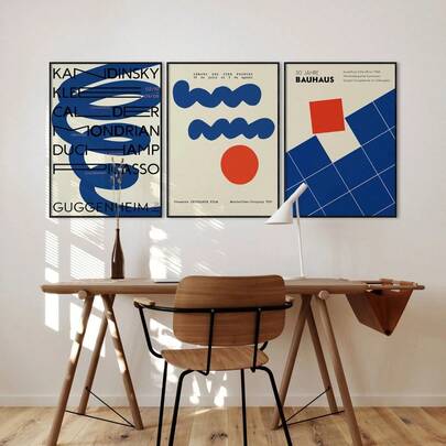 Set de 3 impresiones con estilo Bauhaus, decoraciones para pared de galería, patrones geométricos de lunares, pinturas decorativas abstractas en azul, carteles de exposición, estilo medieval-moderno, adecuado para decoración del hogar, decoración de habitación, decoración de dormitorio, decoración de sala de estar, decoración de baño, decoración de pared, opcional con marco para arte de pared.