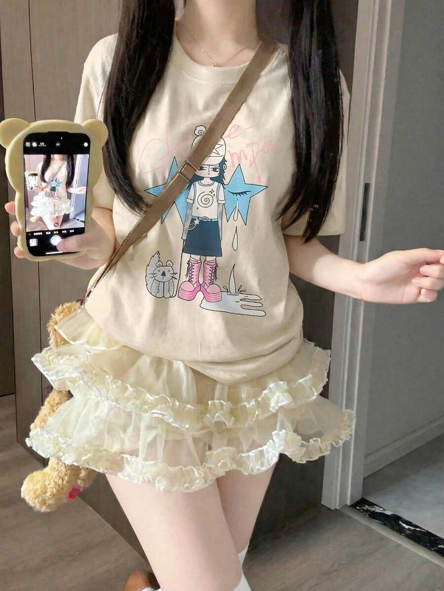 女士夏季休闲宽松纯棉字母卡通Y2K印花短袖T恤 - 杏色 - 查看 1