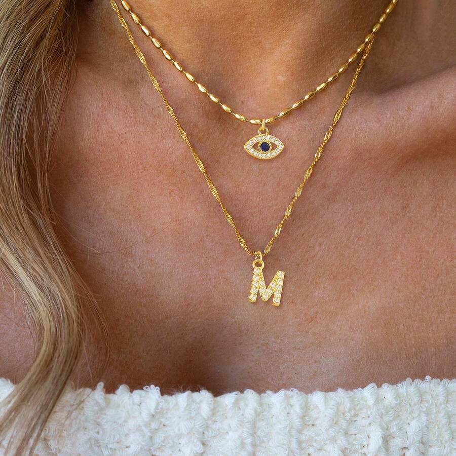 2Pcs/Set New Classic Initial Eye Pendant Golden Stainless Steel Chain Layered Choker Necklaces For Women - Yellow Gold - View 1