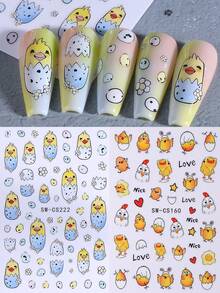 2片装复活节可爱小鸡花卉图案美甲贴纸，小鸡美甲贴纸，蛋壳蛋心星可爱美甲贴花，自粘美甲装饰 - 彩色 - 查看 4