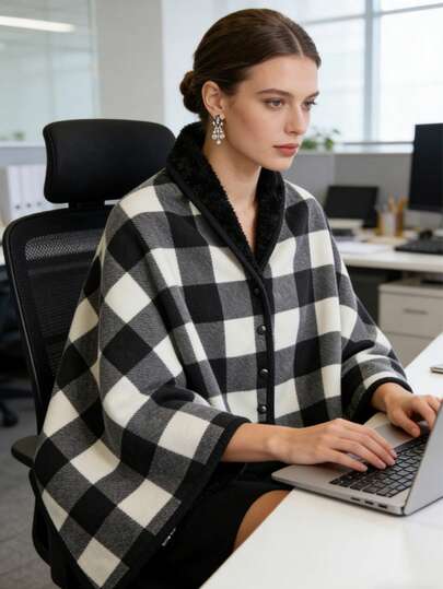 4-Season Versatile Wearable Blanket Shawl, Outdoor Blanket, Casual Office Blanket, Thick Double-Layer Plaid Pattern Postpartum Blanket For Leg Coverage