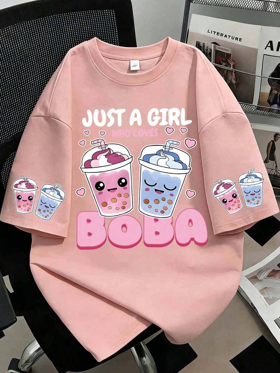 Plus Size Women's T-Shirt With A Boba Milk Tea Pattern Print, Featuring A Cute And Playful Design, Is Aimed At Girls Who Love Milk Tea And Is Suitable For Teen Girls To Wear When Going Out In Spring And Summer. Pink Casual - Pink - View 1