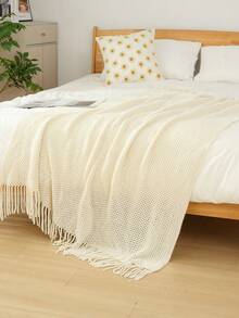 1 Diamond Grid Textured Knit Throw Blanket, Soft And Comfortable, Suitable For All Seasons, Suitable For Sofa, End Of Bed, Travel, Home Decor - Mixed Color Geometric Pattern, Acrylic Fabric - 網格巾米色 - 查看 4
