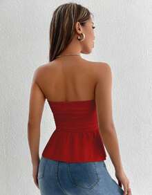 Women's Elegant Summer Cropped Strapless Peplum Blouse - Đỏ - Xem 6
