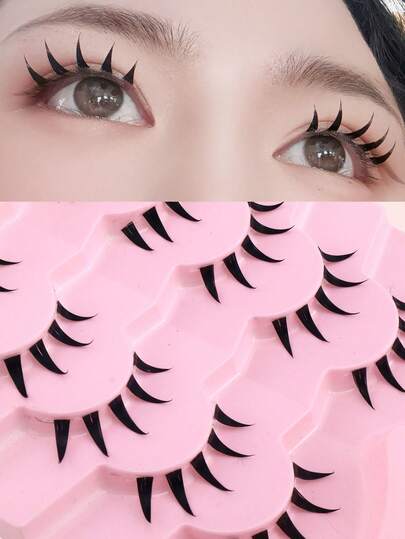 5 Pairs Wet Look Pointed Tip Cartoon Cat Ear Transparent Lashes, Lightweight Curly No Burden Rebound Fit Eye Area, Delicate Stem Soft Fit Root Fresh Sweet Eye Makeup False Eyelashes