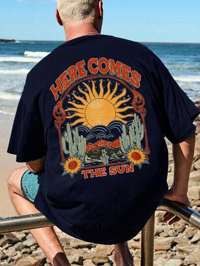 Coastal | Tricou bărbătesc cu mânecă scurtă, stil retro și western, cu imprimeu grafic, croială lejeră, casual