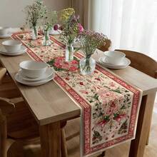 1PC European Vintage Phoenix Floral Table Runner Rectangular Dining Table Decor Cloth Red Green Symmetric Pattern Classic Plant Design Table Cloth Home Dining Table Runner - Multicolor - View 5