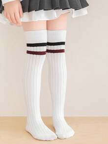 1双/4双装 儿童春夏条纹过膝袜，学院风中筒袜，百搭长筒袜，适合女孩 - 彩色 - 查看 15
