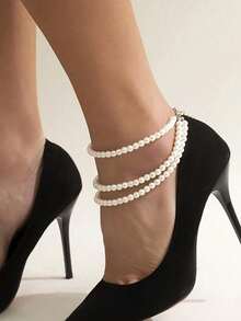 1pc Elegant Multi-Layer Faux Pearl Anklet, Suitable For Daily Wear, Dates, Banquets, Parties, Photo Shoots, And Holidays - White - View 1
