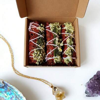 4束4英寸白鼠尾草，配天然黄水晶吊坠，鼠尾草熏香套装，家居净化瑜伽室内装饰水晶礼品套装，适合送给女士、男士、朋友和家人。