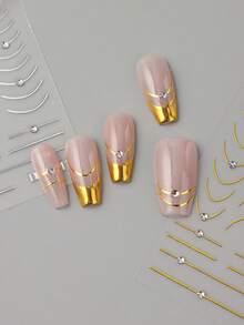 2PCS Gold Silver French-Style Nail Stickers With Rhinestones Curved Lines Design Slider Nail Art Decals DIY Manicure Accessories Tool Nail Supplies - Multicolor - View 4