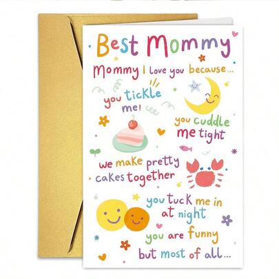 1张可爱手绘最佳妈妈母亲节贺卡（含信封） - “妈妈，我爱你，因为……”甜蜜祝福，适合送给孩子/家人/母亲节，充满爱意的贺卡