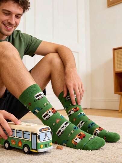 1 Pair Men's Socks, Cartoon Car Printed Casual Mid-Calf Socks, Novelty Socks For Summer, Outdoor Sports