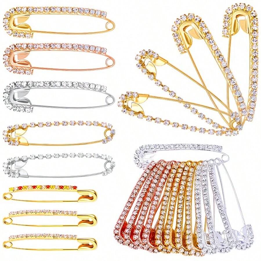 10/12pcs Large Safety Rhinestone Brooch, Suitable For Decorating Clothing, Dresses, Sweaters, Scarves, Collars, Hats, Etc. - Multicolor - View 1