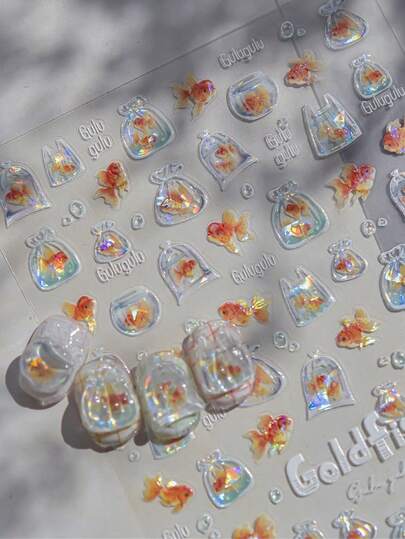 1片5D金鱼和锦鲤泡泡美甲贴纸，海洋系列海星、水母、鱼形美甲贴片装饰，夏季