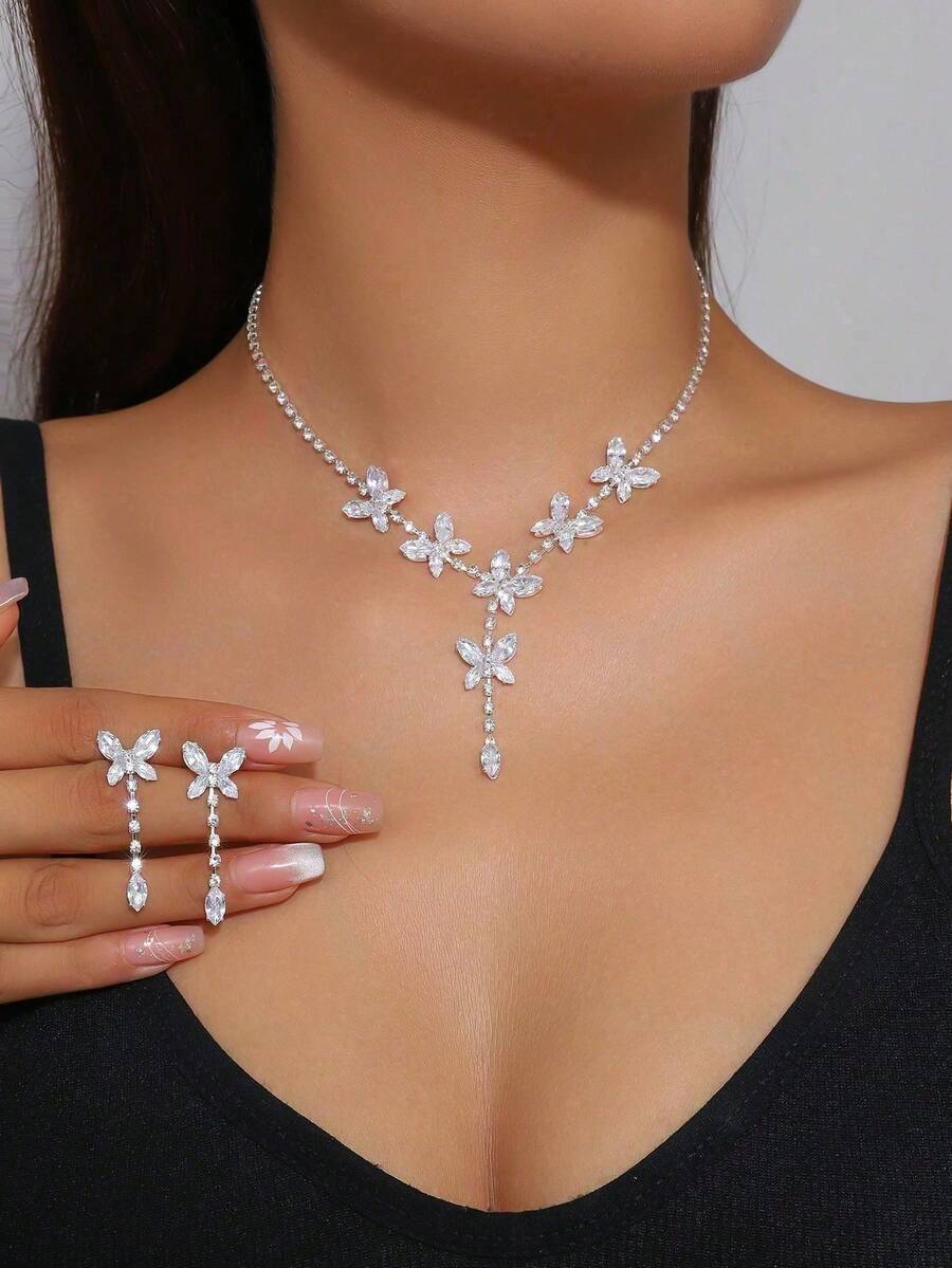 3件套时尚百搭闪亮锆石项链+耳环，是婚礼、晚宴、派对、节日和日常佩戴的最佳珠宝。 - 銀色 - 查看 1