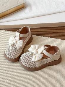 1 Pair Girls' Shoes, Children's Bowknot Hollow-Out Princess Shoes, Versatile Little White Shoes, Toddler Hook And Loop Performance Shoes - Beige - View 4