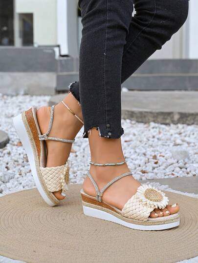 Sunflower Decor Hook And Loop Strap Sandals, Woven Upper, Rhinestone Dual-Wear, Casual Beach Holiday Wear, Beige Non-Slip Rubber Sole For Women