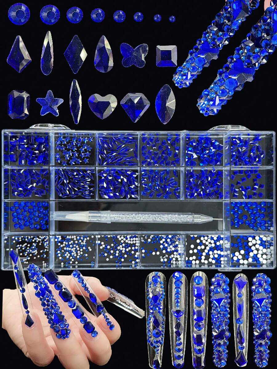 Bộ đá đính móng tay KIRAME 21 ô màu xanh dương K9 - 30 viên đá bóng cao cấp mỗi màu kèm 1 bút đính đá, đá trang trí móng tay, dùng cho tiệm nail, làm móng tại nhà, đồ dùng làm móng, quà tặng Giáng sinh và Năm mới, thích hợp cho đồ thủ công mỹ nghệ, quần áo, vải vóc, giày dép, sản phẩm thủy tinh, làm đồ trang sức - Trang trí lấp lánh nhiều kích cỡ