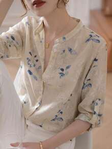 YUXIN 女士柔雾蓝水彩花卉印花立领七分袖上衣 | 透气混纺罗纹袖口修身办公/度假上衣，春夏款 - 鵝黃色 - 查看 4