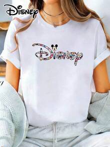 Disney Lady's T-Shirt, Featuring The Mickey Mouse Head Image And Cartoon Patterns Of Letters. The Fabric Is Soft, Comfortable And Durable. This Is A Summer/Winter Ladies' Round-Neck T-Shirt, Suitable For Daily Wear, Shopping, Attending Parties And Gatherings. It Is Also More Suitable For Daily Outfits And As A Gift. - 白色 - 查看 1