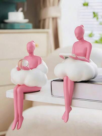 1pc Pink Elegant Ballerina Resin Statue, Cute Cloud Girl Design Abstract Figure Sculpture, Resin Art Sitting Decor, Suitable For High-End Living Room, Cabinet, TV Stand And Home Decoration Resin Art Craft