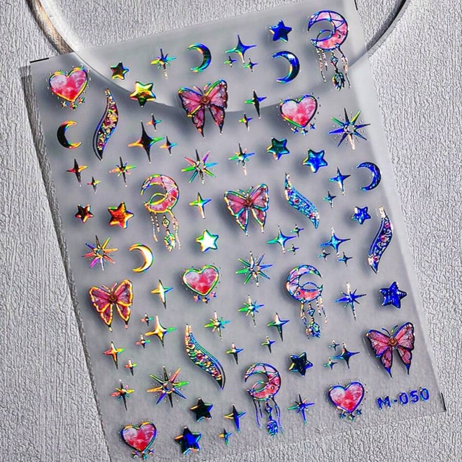 1片装 幻彩蝴蝶星月全息浮雕粉色爱心新月星光美人鱼尾巴美甲贴纸 5D 梦幻美甲贴花 自粘美甲装饰 女士及女孩适用 - 彩色 - 查看 1
