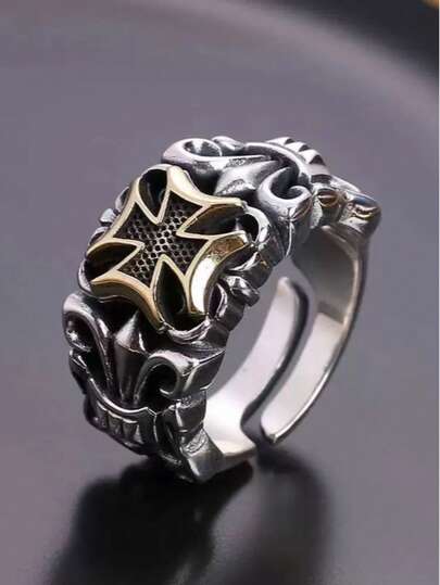 Cross & Anchor Design Punk Style Adjustable Ring For Men, Distressed Black Finish