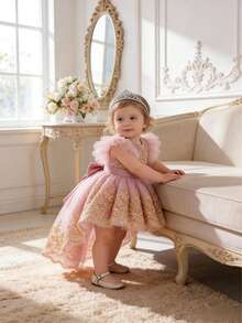 女婴可爱蝴蝶结刺绣拖尾公主薄纱蓬蓬裙，洗礼服，派对礼服，节日礼物 - 粉色 - 查看 5