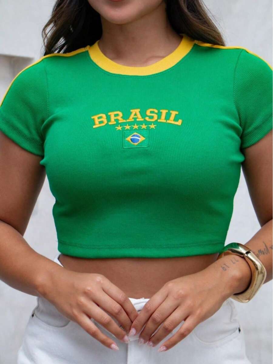 Brazilian Women's Cropped Top - Premium 3/4 Ribbed Top - World Cup 2026 - Short Sleeves, Fashion Blogger Style - Green - View 1