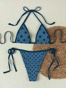 2026春夏新款女士复古灰蓝色波点露背比基尼，性感分体式泳衣，度假必备 - 彩色 - 查看 2