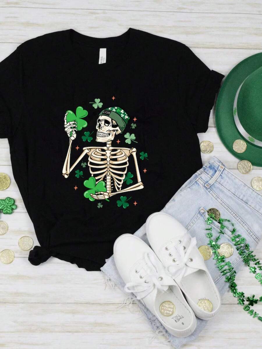 1 Pc Women's And Men's St. Patrick's Skeleton Shirt,St Patty's Skeleton, Dancing Skeleton, Funny St Patrick's, Irish Shirt, Saint Patricks Day, Shamrock Shirt Father's Day And Mother's Day Gifts Pride Month Festival Of Revelry - màu đen - Xem 1