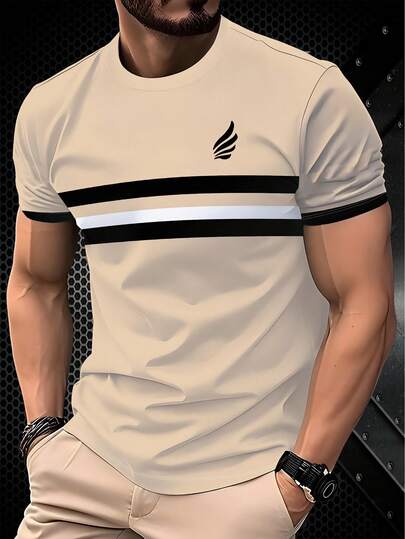 Men's Elegant Striped Short Sleeve Round Neck T-Shirt, Casual & Fashionable, 100% Polyester, Breathable Lightweight Fabric, Regular Fit T-Shirt, Suitable For Summer Sports Wear, Slightly Stretchy, Smooth Fabric