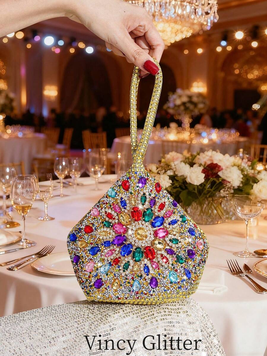 Túi xách dạ hội đính pha lê hình hoa hướng dương lấp lánh nhiều màu sắc, ví cầm tay sang trọng, túi xách dự tiệc hình dáng độc đáo, phụ kiện trang phục dạ hội thanh lịch. - Vàng - Xem 1