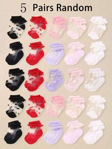 5双随机款式蕾丝女婴袜，透气舒适，适合夏季穿着，0-3岁宝宝可搭配连衣裙，是送礼和日常穿着的理想之选。芭蕾舞袜 - 彩色 - 查看 13