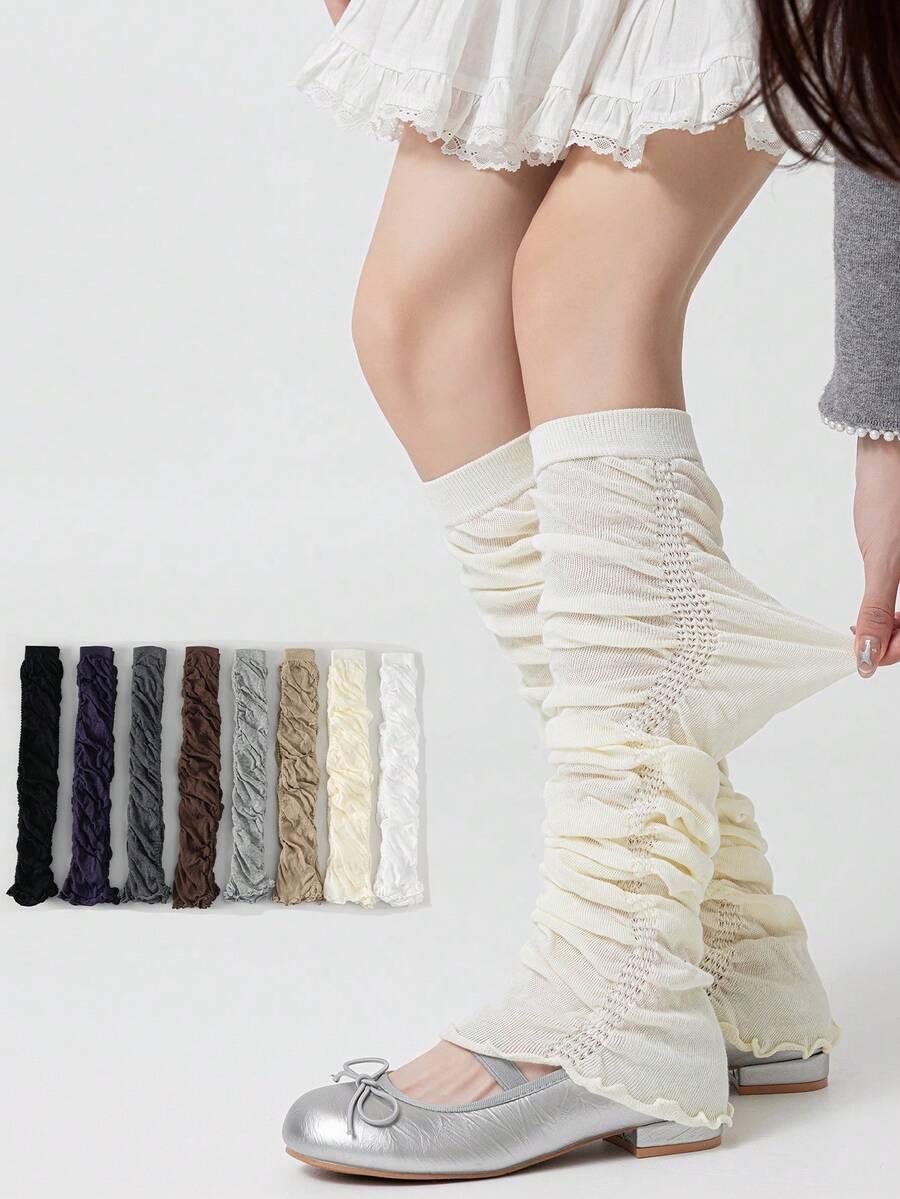 1双女士腿套，多色芭蕾舞风格荷叶边小腿套，长款透气纯色舒适百搭腿套，适合春夏穿着 - 彩色 - 查看 1