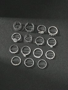 Juego de 15 piezas de anillos de moda europea y americana, anillos de aleación con rhinestones apilables, diseño asimétrico de hojas para mujeres - Juego de anillos - Ver 7
