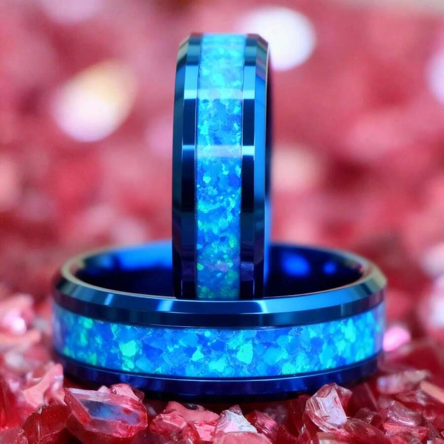 蓝色人造蛋白石镶嵌不锈钢戒指，男士订婚戒指，蓝色不锈钢结婚戒指，激光雕刻戒指，情人节礼物，圣诞礼物 - 藍色 - 查看 1
