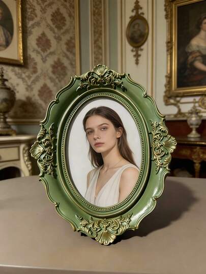 1pc Vintage Oval Photo Frame - Green & Gold Glass, European Craftsmanship, Slanted Design, With Display Stand, Wall-Mounted/Tabletop Use - Suitable For Living Room Gallery Wall, Luxury Home Decor, Collector's Item Display - Retro Style Frame - Millennial Decoration - Heirloom Art - Curated Shelving Decor - Elegant Room Centerpiece