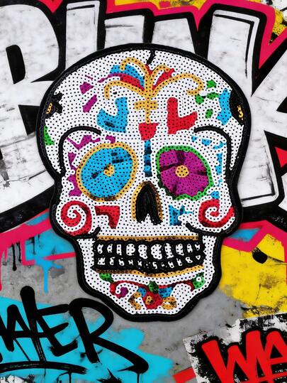 Hip Hop Style Sequin Sugar Skull Embroidered Badge,Large Day Of The Dead Sugar Skull Patch, Bold Iron On Patch For Street Style Outfits, Sequin Embroidered Iron On Applique For Hats, Bags & Denim Jackets