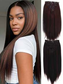 14-24 Inch Yaki Straight Clip-In Hair Extensions, Black, Double Wefted, Suitable For African American, 7pcs/Set - Multicolor - View 21