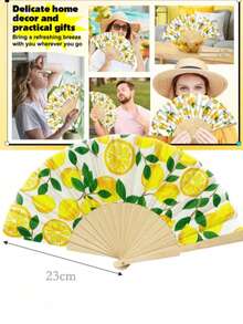 柠檬印花折叠扇，西班牙木质扇子，便携式折叠布艺柠檬竹扇，主题派对装饰手扇，适用于度假/主题派对、新娘送礼会、婚礼、伴娘礼物、万圣节服装等场合，女士配饰 - 彩色 - 查看 6