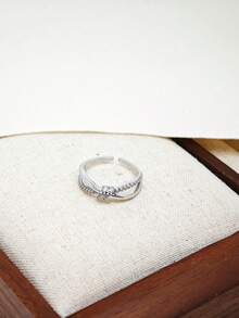 1 pieza Anillo abierto minimalista de circonita con diseño cruzado, adecuado para mujeres - Plateado - Ver 3